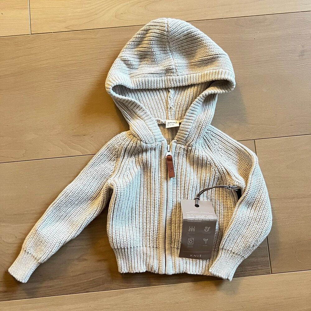 NWT Goumi Kids Storm Gray Knit Baby Hoodie SZ 0-3mo Organic Cotton Sweater